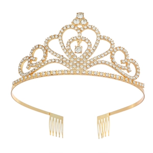 Elegant gold bridal tiara with sparkling crystal hearts and secure hair comb attachment