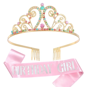 Ensemble écharpe rose Birthday Girl et diadème doré en cristal avec strass colorés