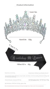 Detailed size specifications for silver crystal crown and Birthday Queen glitter sash set