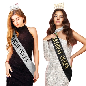 Detail of glitter Birthday Queen sash and alloy tiara set shown on a model