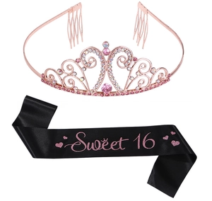Detailed view of Sweet 16 rose gold rhinestone tiara and black satin birthday sash set