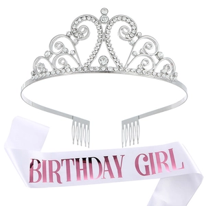 Ensemble écharpe rose Birthday Girl et tiare en cristal argenté pour fête d'anniversaire