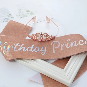 Rose gold birthday prince crown set with pink rhinestones and a glitter sash accessory
