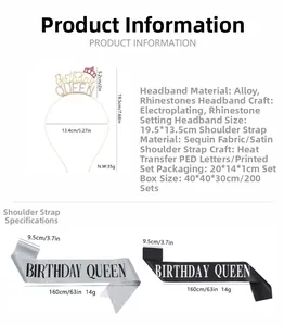 Detailed size specifications for Birthday Queen headband and satin sash party set