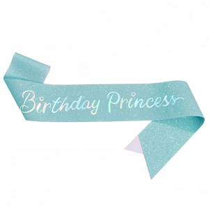 Sparkling blue Birthday Princess sash with glitter fabric and holographic lettering