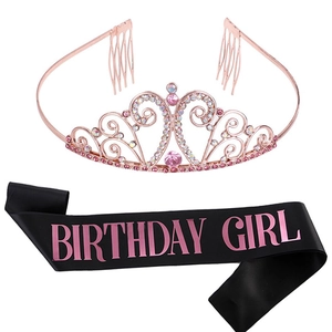 Ensemble couronne rose dorée avec strass et écharpe de fête noire Birthday Girl