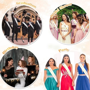 White satin sashes for graduation and bridal shower parties with elegant gold lettering