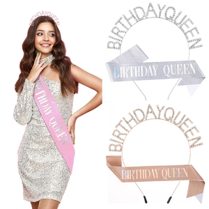 Serre-tête Birthday Queen avec Strass Diadème et Écharpe en Satin Imprimée Couronne pour Femme Fête d'Anniversaire