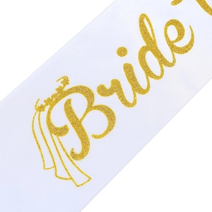 White satin Bride sash with sparkling gold glitter lettering for bachelorette party use