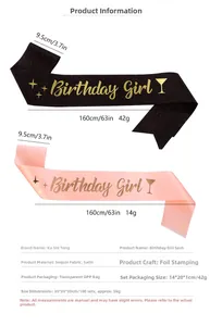 Tableau des tailles détaillé pour les écharpes Birthday Girl en paillettes et satin doré