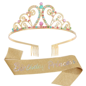 Purple birthday tiara and gold Birthday Princess sash set for party celebrations