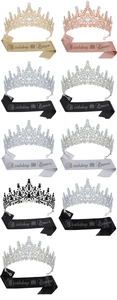 Detailed grid view of Birthday Queen crystal tiaras and glitter sash sets in 9 colors