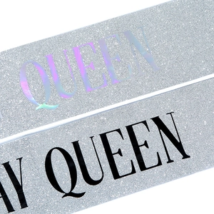 Sparkling silver glitter sash with holographic Birthday Queen lettering for parties