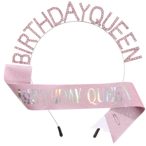 Set con tiara di cristallo rosa Birthday Queen e fascia glitterata coordinata da donna