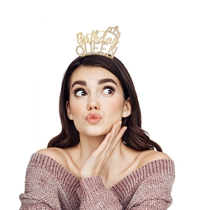 Detailed view of the gold Birthday Queen headband featuring sparkling crystals and a crown