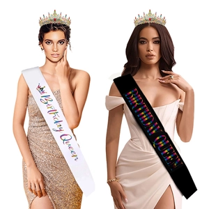 Detail of colorful crystal crown and Birthday Queen sash set for women's birthday party