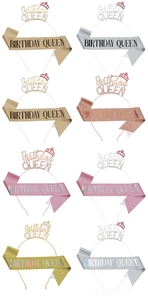 Close-up of Birthday Queen headbands and sash sets in gold, silver, and rose gold glitter
