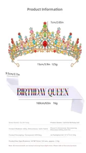 Detailed view of luxury rhinestone birthday crown and satin sash with dimensions and weight