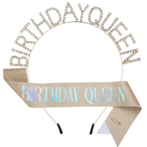 Tiara Birthday Queen dorata con strass e set di fascia olografica coordinata