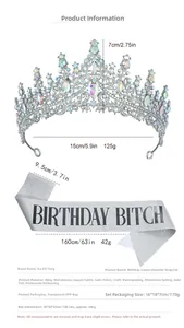 Silver Birthday Bitch sash and rhinestone tiara set with detailed dimensions and specs