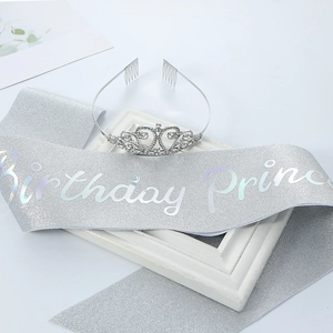 Silver crystal birthday princess crown and sash set displayed in an elegant frame