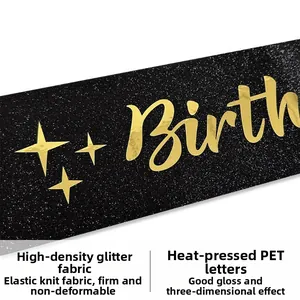 Detail of high-density black glitter fabric sash with gold foil Birthday lettering
