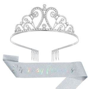 Silver birthday princess tiara and glitter sash set with sparkly rhinestones