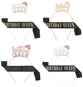 Detail view of Birthday Queen sash and rhinestone tiara sets in four metallic finishes