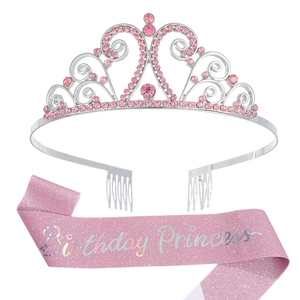 Sparkling pink Birthday Princess sash and silver crystal tiara set for girls party