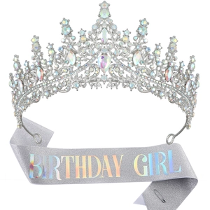 Set corona di cristallo argento e fascia Birthday Girl con strass per feste di lusso