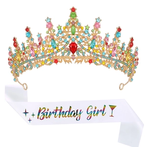 Luxurious gold crown set with multicolored crystals and white Birthday Girl sash