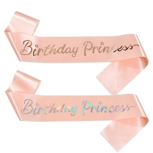 Pink satin Birthday Princess sashes with gold and holographic foil stamping for girls
