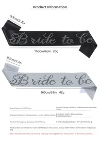 Dimensiones detalladas de las bandas Bride To Be de satén y purpurina con diamantes