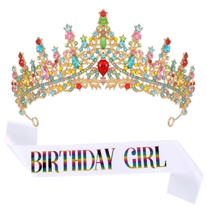 Luxury multi-color crystal crown and rainbow Birthday Girl sash set for party