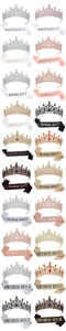 Matrix layout of rhinestone crowns and birthday sashes in various metallic colors