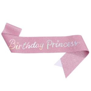 Pink glitter sash with silver Birthday Princess text for girls birthday party