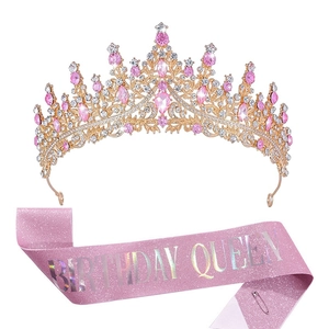 Set fascia rosa Birthday Queen e corona lussuosa dorata con cristalli per compleanno
