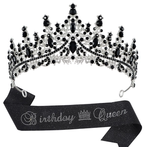 Birthday Queen set with silver crystal crown and black glitter sash for party decor