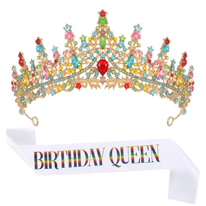 Detail of crystal birthday crown and white BIRTHDAY QUEEN sash with rainbow lettering