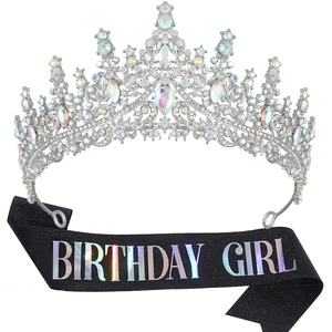 Detailed shot of sparkling rhinestone crown and black glittery Birthday Girl sash set