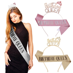 Birthday Queen Rhinestone Alloy Headband And Glitter Sash For Women Girls Birthday Party Celebration Decoration Accessories