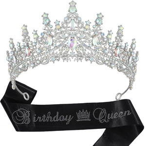 Birthday Queen set with sparkling silver crystal tiara and black glitter sash for parties
