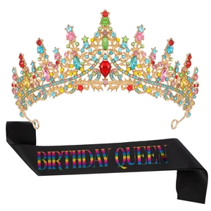 Luxury multi-color crystal birthday crown set with a black Birthday Queen satin sash