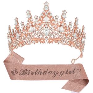 Birthday Girl Set mit Roségold-Tiara und rosa Glitzer-Schärpe für Geburtstagsfeiern