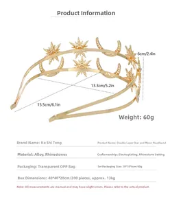Detailed size specifications for a gold double-layer star and moon goddess headband