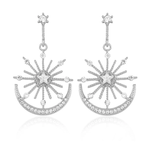 Fashion sun star moon dangle earrings for women with crystal rhinestones in silver finish