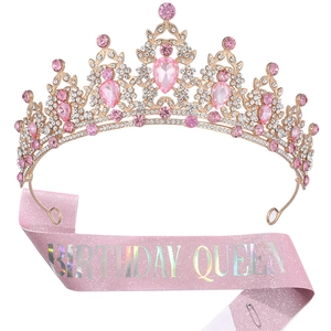 Detail of rose gold birthday crown with crystals and pink Birthday Queen sash