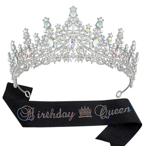 Birthday Queen set featuring a sparkling crystal crown and black glitter sash for parties