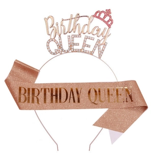 Rose gold Birthday Queen tiara and sash set with rhinestones for party celebrations