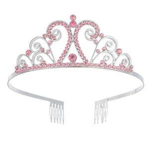 Silver alloy bridal crown with pink crystals and integrated hair combs for styling